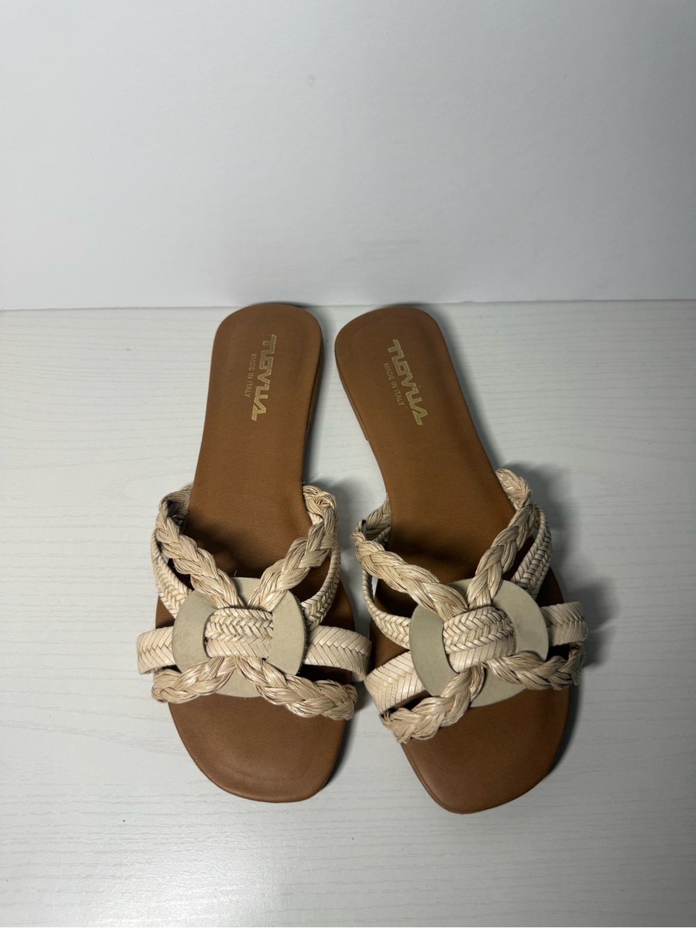Teva Women's Braided Tan and Beige Slide Sandals